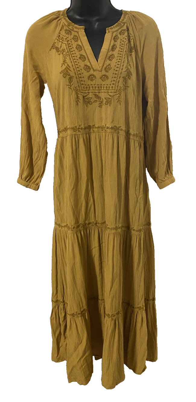 Old Navy Boho Embroidered Maxi Dress Size XS Peasant Fairy Tiered Ruffles
